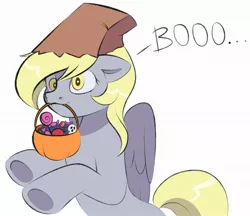 Size: 2121x1830 | Tagged: safe, artist:vetta, derpibooru import, derpy hooves, pegasus, pony, candy, clothes, costume, food, halloween, holiday, image, jpeg, mouth hold, nightmare night costume, paper bag, paper bag wizard, pumpkin bucket, simple background, solo, white background
