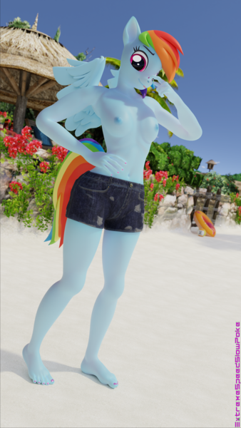 Size: 2160x3840 | Tagged: questionable, artist:extremespeed slowpoke, derpibooru import, rainbow dash, anthro, 3d, beach, blender, breasts, clothes, delicious flat chest, image, male swimwear challenge, partial nudity, png, tomboy, topless