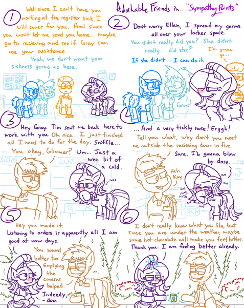 Size: 4779x6013 | Tagged: safe, artist:adorkabletwilightandfriends, derpibooru import, sniffles, starlight glimmer, zephyr breeze, oc, oc:cindy, oc:ellen, oc:gray, oc:tim, comic:adorkable twilight and friends, adorkable, adorkable friends, blushing, box, boxes, bush, chocolate, clipboard, clothes, cold, comic, curb, cute, dork, drink, eyebrows, food, germaphobe, glasses, glimmerbetes, grocery store, hot chocolate, image, itching, jeans, kindness, name tag, nostril flare, nostrils, pants, picture, png, poster, red nosed, rubbing, rubbing nose, shirt, sick, sign, sitting, slice of life, sniffing, sniffling, store, stubble, sympathy, tickling, tree, warehouse, work, working