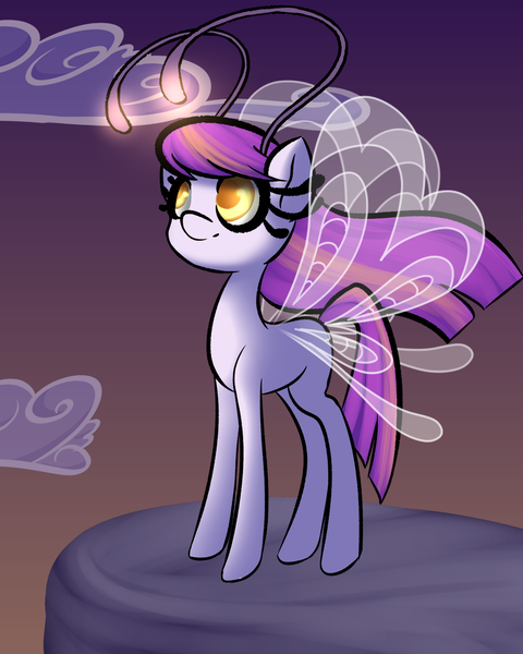 Size: 1600x2000 | Tagged: safe, artist:plaguemare, derpibooru import, boulder (pet), oc, oc:misty meadows, unofficial characters only, breezie, pony, antennae, breezie oc, cloud, female, flowy mane, image, mare, png, rock, solo, sunset, wings