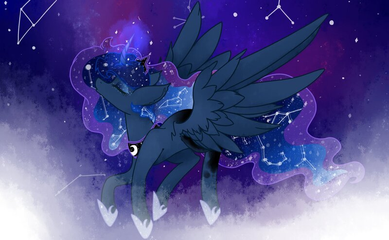 Size: 3500x2160 | Tagged: safe, artist:namiiarts, derpibooru import, princess luna, alicorn, pony, constellation, curved horn, ethereal mane, flying, galaxy mane, horn, image, jpeg, solo, spread wings, wings