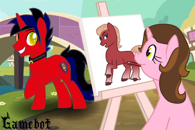 Size: 1080x720 | Tagged: safe, artist:tcgamebot, derpibooru import, sprout cloverleaf, oc, oc:color breezie, oc:eclipse shine, earth pony, pony, unicorn, my little pony: a new generation, artist, drawing, easel, female, g5, heart eyes, image, male, mare, mouth hold, pencil drawing, png, ponyville, pose, smiling, stallion, traditional art, wingding eyes