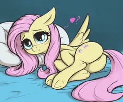 Size: 3000x2500 | Tagged: suggestive, alternate version, artist:t72b, derpibooru import, fluttershy, pegasus, pony, bed, blushing, butt, dock, featureless crotch, female, floppy ears, flutterbutt, heart, image, looking at you, lying down, mare, on bed, pillow, plot, png, side, smiling, solo, solo female, tail