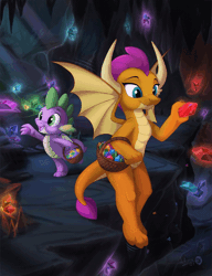 Size: 920x1200 | Tagged: safe, artist:sirzi, derpibooru import, edit, smolder, spike, dragon, animated, basket, cave, commission, cute, dragoness, duo, female, gem, gem cave, gif, happy, high res, image, lidded eyes, male, open mouth, open smile, smiling, smolderbetes, spikabetes, spread wings, winged spike, wings