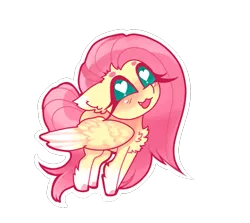 Size: 817x729 | Tagged: safe, artist:minty--fresh, derpibooru import, fluttershy, pegasus, pony, alternate design, blushing, chest fluff, chibi, cute, ear fluff, female, fluffy, green eyes, heart eyes, image, long hair, mare, open mouth, pink hair, png, solo, sticker, wingding eyes, wings