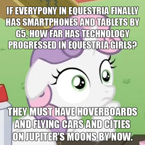 Size: 500x500 | Tagged: safe, derpibooru import, edit, edited screencap, editor:wild stallions, screencap, sweetie belle, pony, unicorn, ponyville confidential, caption, cropped, exploitable meme, female, filly, floppy ears, g5, hoof on chin, image, image macro, meme, obligatory pony, png, sudden clarity sweetie belle, text