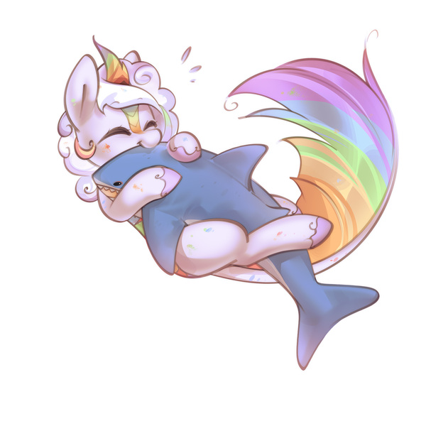 Size: 2500x2500 | Tagged: safe, artist:mirroredsea, derpibooru import, kirin oc, oc, unofficial characters only, kirin, shark, commission, cute, emanata, eyes closed, hug, image, jpeg, ocbetes, plushie, shark plushie, simple background, solo, white background, ych result