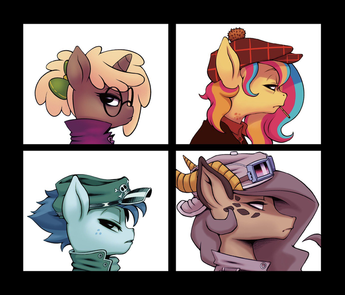 Size: 1384x1184 | Tagged: safe, artist:michiyoshi, derpibooru import, oc, oc:copper chip, oc:golden gates, oc:queen quake, oc:silver span, pony, unicorn, album parody, babscon, babscon mascots, clothes, demon days, female, freckles, glasses, goggles, gorillaz, hat, image, lidded eyes, mare, png, shirt