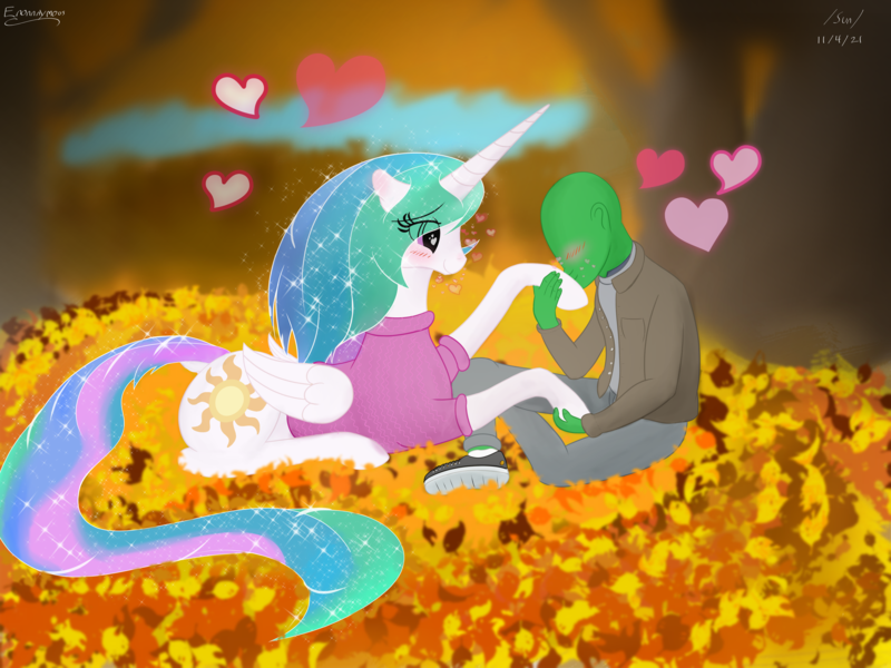 Size: 4000x3000 | Tagged: safe, artist:enonnnymous, derpibooru import, princess celestia, oc, oc:anon, alicorn, human, pony, autumn, blushing, clothes, cute, cutelestia, duo, eye contact, female, heart, heart eyes, hoof hold, hoof kissing, image, interspecies, kissing, looking at each other, love, mare, png, sweater, waifu, wingding eyes