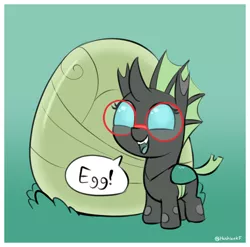 Size: 1458x1441 | Tagged: safe, artist:heretichesh, derpibooru import, oc, oc:yvette (evan555alpha), unofficial characters only, changeling, nymph, changeling egg, changeling oc, cute, cuteling, cute little fangs, dialogue, egg, fangs, female, glasses, gradient background, green changeling, image, ocbetes, open mouth, open smile, png, smiling, solo, speech bubble, younger