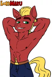 Size: 2693x3973 | Tagged: suggestive, artist:lordmarukio, derpibooru import, sprout cloverleaf, earth pony, my little pony: a new generation, clothes, g5, image, muscles, partial nudity, png, stupid sexy sprout, topless