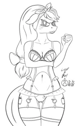 Size: 734x1200 | Tagged: suggestive, artist:sepiakeys, derpibooru import, applejack, anthro, belly button, bustier, clothes, female, garters, image, monochrome, panties, png, sexy, solo, solo female, storckings, underwear