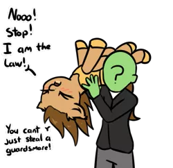 Size: 621x601 | Tagged: safe, artist:neuro, derpibooru import, oc, oc:anon, earth pony, human, pony, adorable distress, blushing, carrying, cute, dialogue, duo, female, floppy ears, guardsmare, holding a pony, image, male, mare, png, royal guard, simple background, transparent background