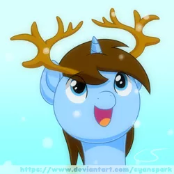 Size: 1080x1080 | Tagged: safe, artist:cyanspark, derpibooru import, oc, oc:cyan spark, unofficial characters only, unicorn, accessory, antlers, derpibooru exclusive, gradient background, happy, image, png, simple background, snow, snowfall