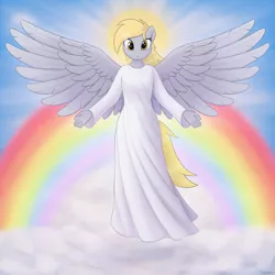 Size: 3500x3500 | Tagged: safe, alternate version, artist:irisarco, derpibooru import, derpy hooves, anthro, pegasus, angelic, clothes, cloud, day, dress, ear fluff, female, flying, halo, image, looking at you, outdoors, png, rainbow, sky, smiling, solo, spread wings, standing, watermark, wings