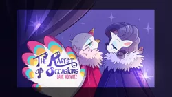 Size: 1200x675 | Tagged: safe, artist:emiliesart, derpibooru import, rarity, bird, peacock, pony, unicorn, my little pony: pony life, spoiler:pony life s02e15, duo, image, png, sugar snap, the rarest of occasions, title card