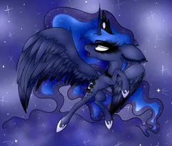 Size: 2701x2293 | Tagged: safe, alternate version, artist:beamybutt, derpibooru import, princess luna, pony, colored, ear fluff, ethereal mane, eyelashes, hoof shoes, horn, image, jewelry, png, rearing, solo, starry mane, stars, tiara, wings