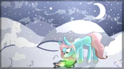 Size: 3264x1836 | Tagged: safe, artist:herusann, derpibooru import, oc, unofficial characters only, earth pony, pony, crescent moon, earth pony oc, female, glow, image, jpeg, mare, moon, night, outdoors, smiling, snow, snowpony, solo, stars, transparent moon