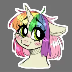 Size: 2039x2039 | Tagged: safe, artist:madkadd, derpibooru import, oc, unofficial characters only, pony, unicorn, blushing, bust, eyelashes, female, gray background, horn, image, jpeg, mare, multicolored hair, rainbow hair, simple background, smiling, solo, unicorn oc