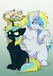 Size: 2481x3507 | Tagged: safe, artist:arctic-fox, derpibooru import, oc, oc:cirrus sky, oc:electro current, unofficial characters only, hippogriff, pony, unicorn, floral head wreath, flower, hippogriff oc, image, jpeg