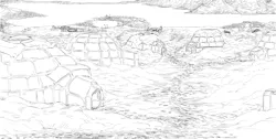 Size: 3508x1764 | Tagged: safe, artist:snspony, oc, unofficial characters only, pony, seal, taiga pony, female, igloo, image, male, mare, monochrome, png, scenery, sled, snow, stallion