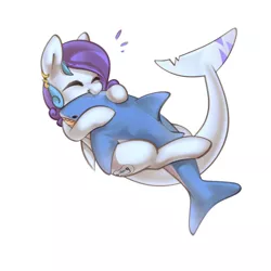 Size: 2500x2500 | Tagged: safe, artist:mirroredsea, derpibooru import, oc, oc:wavebud, unofficial characters only, original species, shark, shark pony, commission, cute, cute little fangs, ear piercing, earring, fangs, hug, image, jewelry, jpeg, piercing, plushie, shark plushie, simple background, solo, white background, ych result