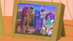 Size: 1311x737 | Tagged: safe, derpibooru import, edit, edited screencap, screencap, hitch trailblazer, izzy moonbow, pipp petals, spike, sunny starscout, zipp storm, dragon, earth pony, pegasus, pony, unicorn, my little pony: a new generation, spoiler:g5, spoiler:my little pony: a new generation, female, g5, image, male, mane five (g5), picture, png