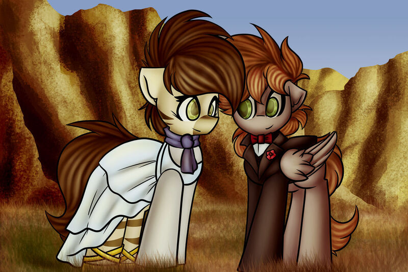 Size: 1280x854 | Tagged: safe, artist:kranonetwork, derpibooru import, oc, oc:dia kono, oc:landon, earth pony, pegasus, roan rpg, canyon, clothes, dress, image, jpeg, marriage, tuxedo, wedding, wedding dress, zebra stripes