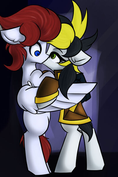 Size: 1280x1920 | Tagged: safe, artist:kranonetwork, derpibooru import, oc, oc:royal catalyst, oc:wild ace, kelpie, pegasus, roan rpg, female, femdom, image, imitate preening, jpeg, kissing, male, malesub, submissive