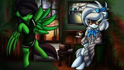 Size: 1280x721 | Tagged: safe, artist:kranonetwork, derpibooru import, oc, oc:aurora, oc:misty, kelpie, pegasus, food, image, jpeg, morning, overgrown, plants, radio, room, tea, vine, yawn