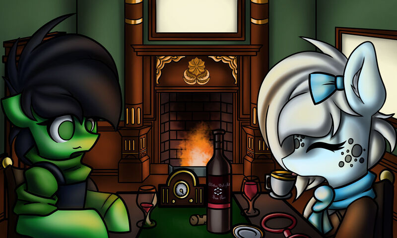 Size: 1280x768 | Tagged: safe, artist:kranonetwork, derpibooru import, edit, oc, oc:aurora, oc:misty, unofficial characters only, earth pony, kelpie, pony, alcohol, empty picture frames, fireplace, food, image, jpeg, room, tea, wine