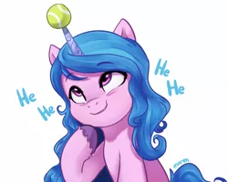 Size: 3501x2802 | Tagged: safe, artist:maren, derpibooru import, izzy moonbow, pony, unicorn, my little pony: a new generation, ball, eye clipping through hair, eyebrows, eyebrows visible through hair, female, g5, high res, horn, horn impalement, image, izzy's tennis ball, laughing, looking up, mare, png, simple background, smiling, solo, speedpaint, tennis ball, white background