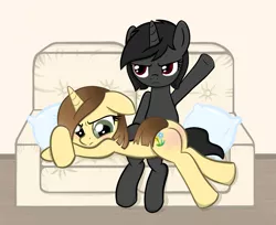 Size: 1255x1024 | Tagged: suggestive, artist:sundust, derpibooru import, oc, oc:richard98, oc:sundust, unofficial characters only, pony, unicorn, angry, bed, blushing, butt, crossed arms, crossed hooves, cutie mark, female, grumpy, horn, image, laying on bed, lying, lying down, male, mare, on bed, pillow, plot, png, punishment, raised hoof, sitting, sofa bed, spanking, stallion, unicorn oc