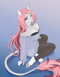 Size: 2207x2818 | Tagged: safe, artist:askbubblelee, derpibooru import, oc, oc:rosie quartz, unofficial characters only, anthro, pony, unguligrade anthro, unicorn, anthro oc, big breasts, breasts, cleavage, clothes, digital art, female, horn, image, leggings, looking at you, mare, png, sweater, unicorn oc