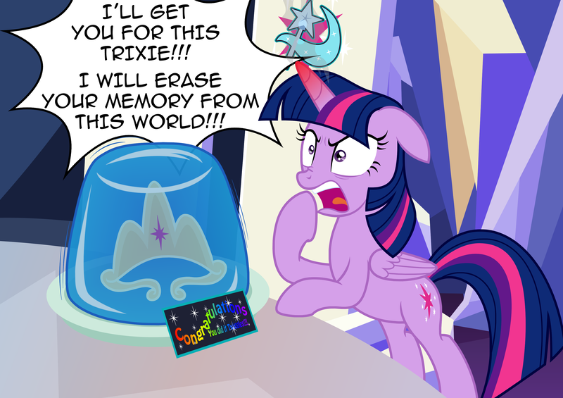 Size: 3135x2215 | Tagged: safe, artist:badumsquish, derpibooru import, trixie, twilight sparkle, twilight sparkle (alicorn), alicorn, pony, the last problem, angry, bipedal, bipedal leaning, card, congratulations, crown, cutie map, derpibooru exclusive, folded wings, high res, horn, image, implied trixie, inconvenient trixie, jello, jewelry, leaning, overheated horn, plate, png, prank, rainbow text, regalia, scrunchy face, shaking hoof, show accurate, smoke, sticker, tantrum, that's trixie, the office, threat, threatening, throne, tiara, trixie's cutie mark, twiggles, twilight's castle, wings, yelling, you did it