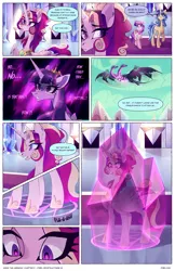 Size: 2301x3549 | Tagged: safe, artist:darlyjay, derpibooru import, princess cadance, twilight sparkle, twilight sparkle (alicorn), oc, oc:sterling sentry, alicorn, dragon, pony, unicorn, comic:save the harmony, female, image, magic, mare, multiple heads, offspring, parent:flash sentry, parent:twilight sparkle, parents:flashlight, png, two heads