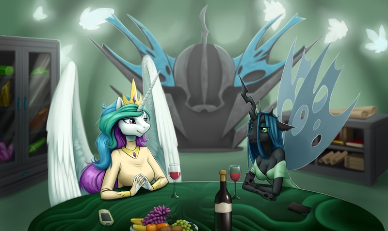 Size: 2560x1524 | Tagged: safe, artist:darkcat613, derpibooru import, princess celestia, queen chrysalis, alicorn, anthro, changeling, changeling queen, fall of equestria, alcohol, bookshelf, clothes, crown, dress, duo, duo female, duo focus, female, fruit, image, implied death, implied human, indoors, jewelry, jpeg, regalia, rise of equestria, scenery, spread wings, wine, wineglass, wings