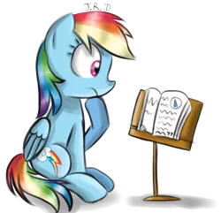 Size: 950x915 | Tagged: safe, artist:technoponywardrobe, derpibooru import, rainbow dash, book, book stand, clip studio paint, derpibooru exclusive, egghead dash, horn, image, lighting, mlp fim's eleventh anniversary, png, reading, shading, shadows, simple background, sitting, solo, transparent background, unicorn horn