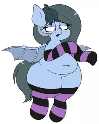 Size: 1536x1932 | Tagged: safe, artist:blitzyflair, derpibooru import, oc, oc:blitzy flair, unofficial characters only, bat pony, pony, bat pony oc, bat wings, belly, belly button, big belly, chubby, clothes, fangs, fat, female, flying, freckles, image, jpeg, looking down, mare, open mouth, plump, race swap, simple background, socks, solo, spread wings, striped socks, white background, wide hips, wings