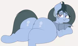 Size: 3750x2205 | Tagged: suggestive, artist:blitzyflair, derpibooru import, oc, oc:blitzy flair, unofficial characters only, bat pony, pony, bat pony oc, bat wings, butt, fangs, fat, female, freckles, image, jpeg, lidded eyes, looking at you, looking back, lying down, mare, plot, race swap, rear view, simple background, solo, solo female, spread wings, the ass was fat, white background, wide hips, wings