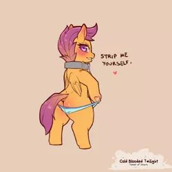 Size: 1200x1200 | Tagged: suggestive, artist:cold-blooded-twilight, derpibooru import, scootaloo, pegasus, pony, ass, bipedal, blushing, butt, butt blush, clothes, collar, dialogue, dock, foalcon, heart, image, looking back, name tag, panties, panties pulled down, png, scootabutt, simple background, slave, tail, underage, underwear