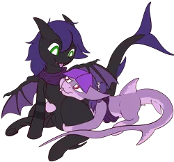 Size: 3503x3270 | Tagged: safe, artist:dirtpecker, derpibooru import, oc, oc:raven stargazer, oc:whip splash, unofficial characters only, bat pony, original species, shark, shark pony, :p, fangs, image, png, simple background, tongue out, transparent background, underhoof