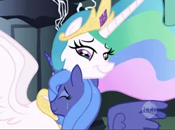 Size: 1297x965 | Tagged: safe, derpibooru import, screencap, princess celestia, princess luna, alicorn, friendship is magic, crying, duo, duo female, female, image, neck hug, png, s1 luna