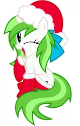 Size: 763x1199 | Tagged: artist needed, safe, derpibooru import, oc, oc:minty root, unofficial characters only, pony, unicorn, christmas, clothes, female, holiday, horn, image, jpeg, looking at you, mare, one eye closed, open mouth, open smile, simple background, sitting, smiling, smiling at you, solo, unicorn oc, white background, wink, winking at you