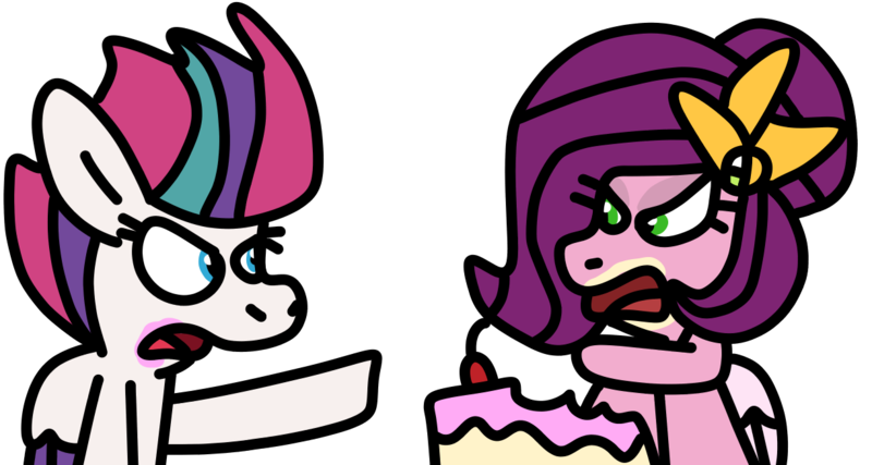 Size: 1224x653 | Tagged: safe, artist:jadeharmony, derpibooru import, pipp petals, zipp storm, pegasus, pony, argument, cake, cherry, duo, eating, female, food, g5, image, mare, messy eating, open mouth, png, pointing, siblings, simple background, sisters, transparent background, twins