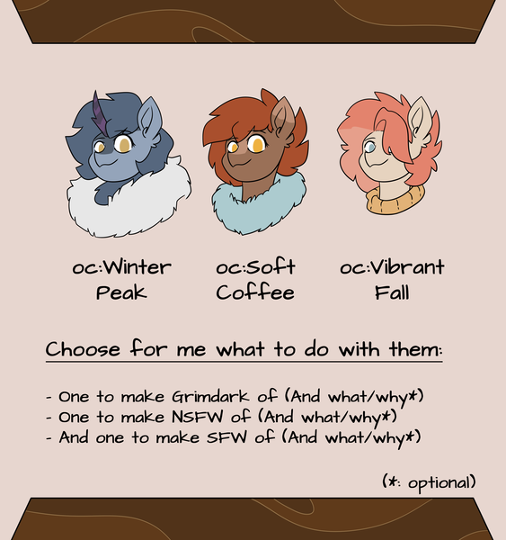 Size: 2972x3168 | Tagged: semi-grimdark, suggestive, artist:sneetymist, derpibooru import, oc, oc:soft coffee, oc:vibrant fall, oc:winter peak, unofficial characters only, earth pony, kirin, pony, bust, choice, clothes, coat markings, female, fluffy, fluffy sweater, fur coat, fur collar, image, kirin oc, mare, no pupils, png, portrait, question, simple background, sweater, text