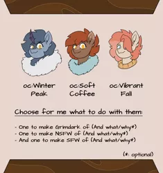 Size: 2972x3168 | Tagged: semi-grimdark, suggestive, artist:sneetymist, derpibooru import, oc, oc:soft coffee, oc:vibrant fall, oc:winter peak, unofficial characters only, earth pony, kirin, pony, bust, choice, clothes, coat markings, female, fluffy, fluffy sweater, fur coat, fur collar, image, kirin oc, mare, no pupils, png, portrait, question, simple background, sweater, text