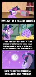 Size: 607x1310 | Tagged: safe, derpibooru import, edit, edited screencap, screencap, nightmare moon, twilight sparkle, pony, unicorn, friendship is magic, lesson zero, the cutie mark chronicles, caption, egg, female, filly, filly twilight sparkle, golden oaks library, headcanon, image, image macro, implied princess luna, implied spike, library, mare, mare in the moon, moon, png, prophecy, solo, spike's egg, text, unicorn twilight, younger