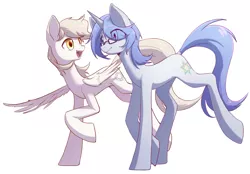 Size: 2360x1640 | Tagged: safe, artist:秋田伊子, derpibooru import, oc, oc:concentric rings, pegasus, unicorn, cutie mark, female, folded wings, glasses, image, looking at each other, png, smiling, wings