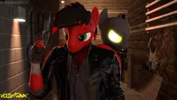 Size: 3840x2160 | Tagged: safe, artist:fireemerald123, derpibooru import, oc, oc:page feather, oc:the voice, unofficial characters only, anthro, 3d, alleyway, clothes, glow, glowing eyes, graffiti, gun, image, jacket, jpeg, leather jacket, looking sideways, night, source filmmaker, void entity, void punk, watermark, weapon